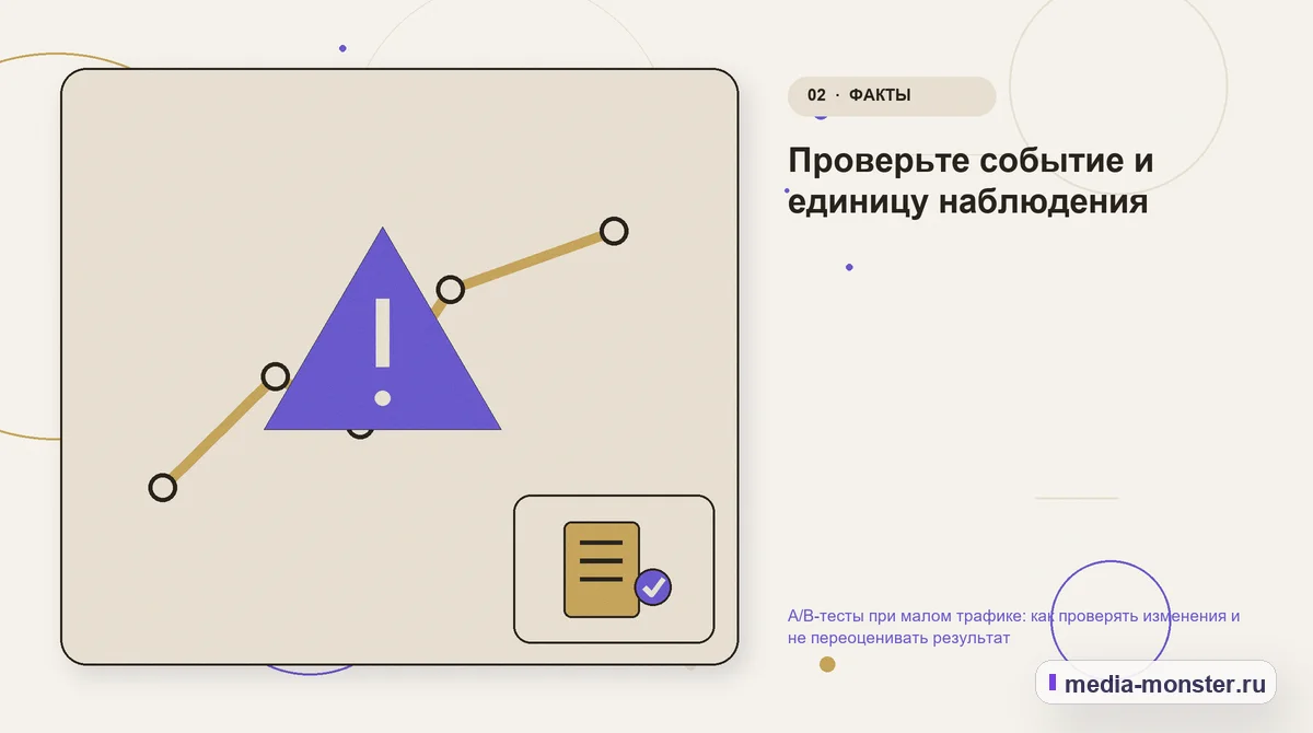 Изображение 2: Проблема и точка потери — A/B-тесты при малом трафике: как проверять изменения и не переоценивать результат | Media Monster Проблема и точка потери. Проверьте событие и единицу наблюдения: иллюстрация к статье «A/B-тесты при малом трафике: как проверять изменения и не переоценивать результат»