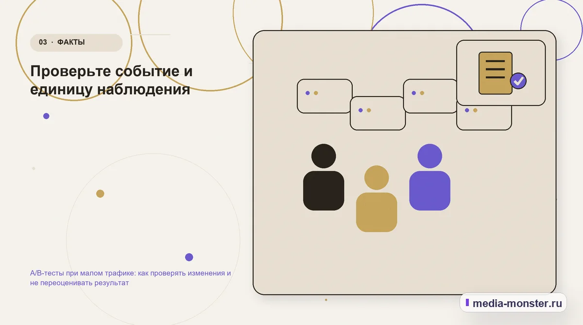 Изображение 3: Аудитория и сценарий выбора — A/B-тесты при малом трафике: как проверять изменения и не переоценивать результат | Media Monster Аудитория и сценарий выбора. Проверьте событие и единицу наблюдения: иллюстрация к статье «A/B-тесты при малом трафике: как проверять изменения и не переоценивать результат»