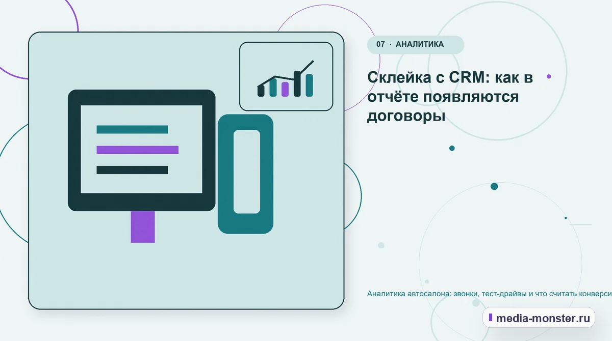 Каналы и точки контакта. Склейка с CRM: как в отчёте появляются договоры: иллюстрация к статье «Аналитика автосалона: звонки, тест-драйвы и что считать конверсией»
