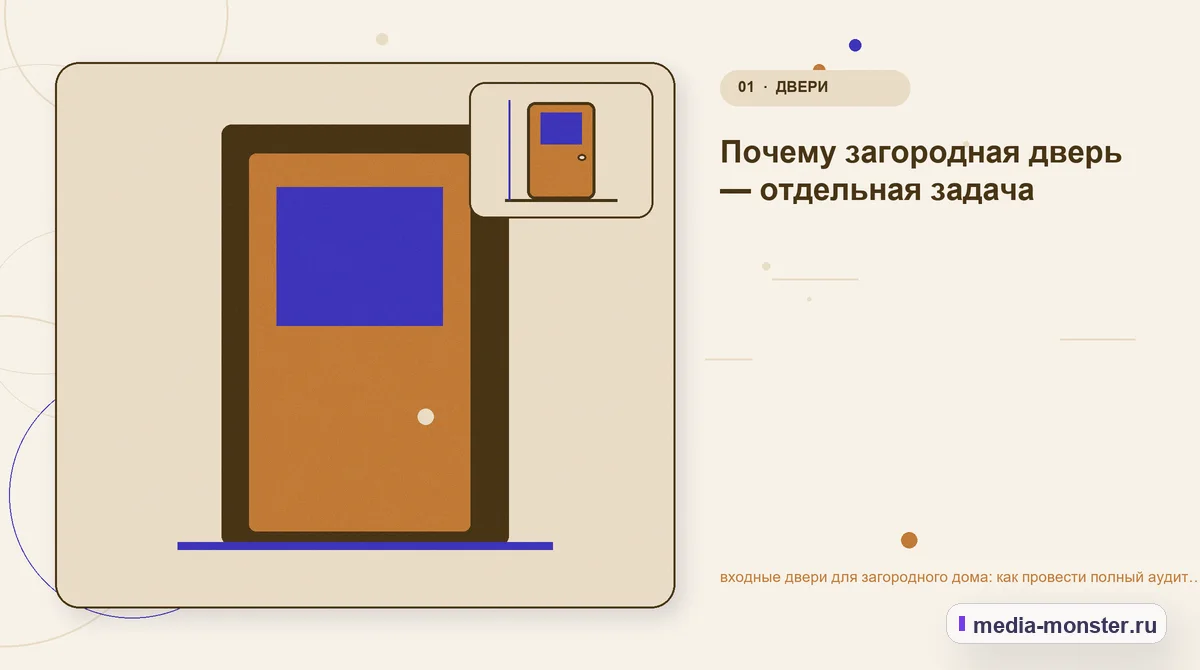 Изображение 1: Ключевая тема материала — Входные двери для загородного дома: аудит спроса и обработки обращений | Media Monster Ключевая тема материала. Первый экран: Входные двери для загородного дома — что должно быть понятно: иллюстрация к статье «Входные двери для загородного дома: аудит спроса и обработки…
