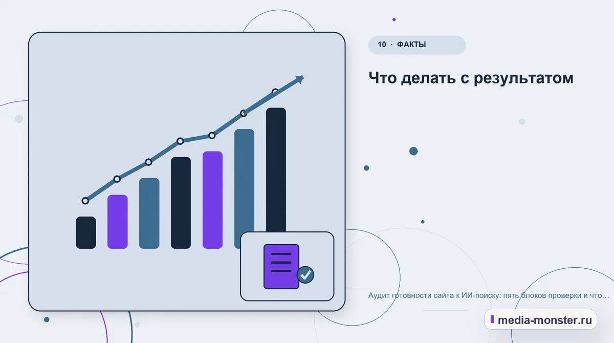 Итог и следующий шаг. Пример отчёта: от наблюдения к задаче: иллюстрация к статье «Аудит сайта под ИИ-поиск: пять блоков проверки и пример отчёта»
