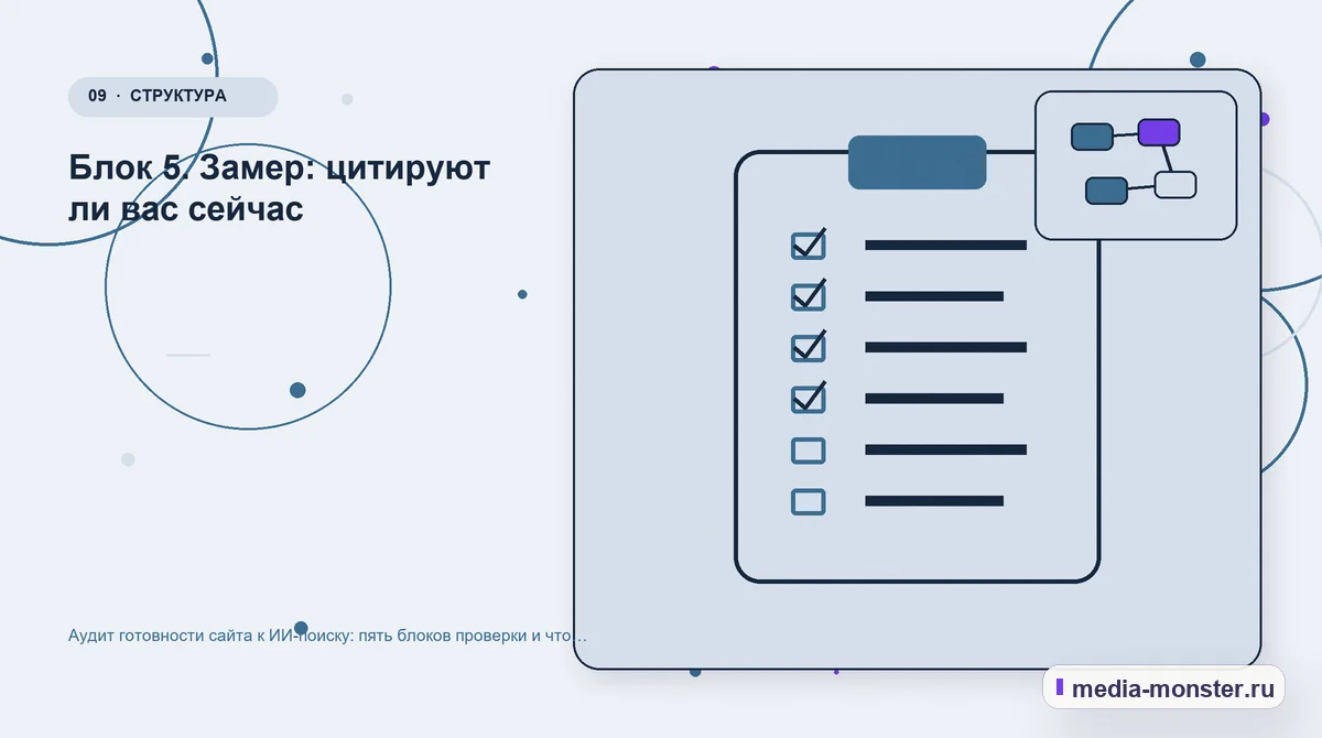 Контрольные показатели. Блок 5. Повторяемый замер присутствия: иллюстрация к статье «Аудит сайта под ИИ-поиск: пять блоков проверки и пример отчёта»