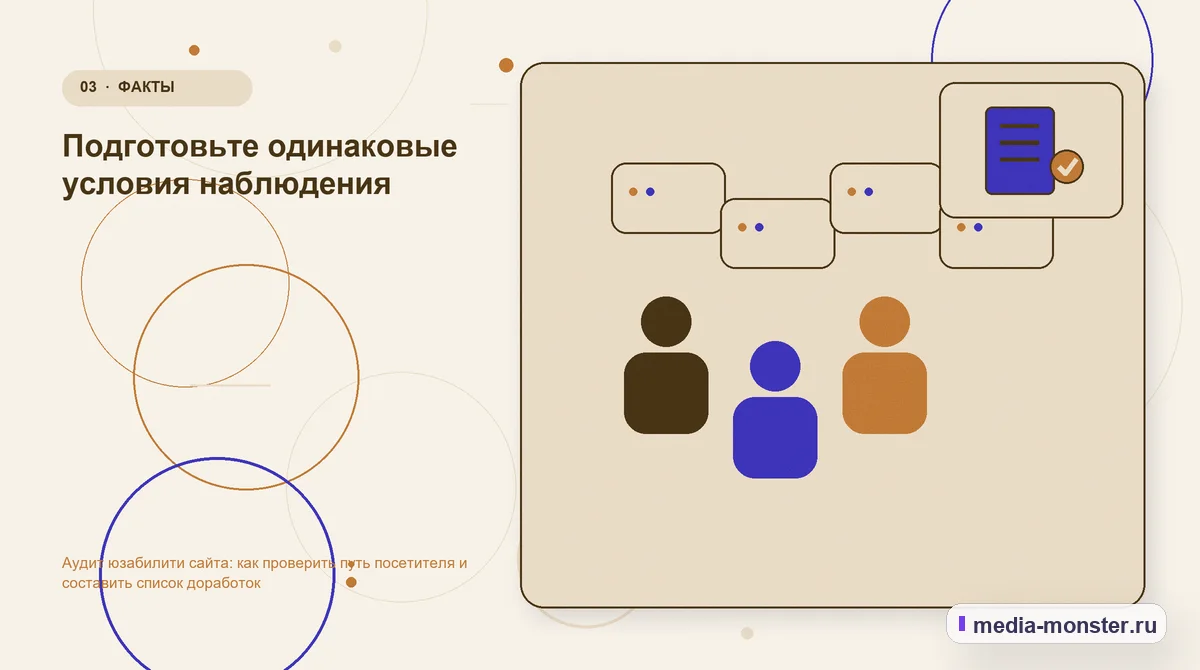 Аудитория и сценарий выбора. Подготовьте одинаковые условия наблюдения: иллюстрация к статье «Аудит юзабилити сайта: как проверить путь посетителя и составить список доработок»