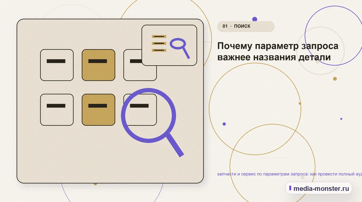 Изображение 1: Ключевая тема материала — запчасти и сервис по параметрам запроса: как провести полный аудит спроса, страниц и обработки обращений | Media Monster Ключевая тема материала. Почему параметр запроса важнее названия детали: иллюстрация к статье «запчасти и сервис по параметрам запроса: как провести полный аудит спроса, страниц и…