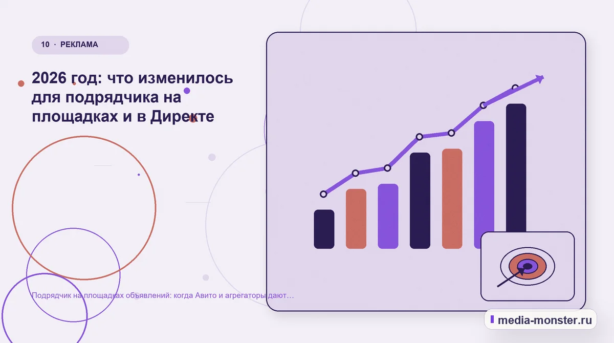 Изображение 10: Итог и следующий шаг — Подрядчик на площадках объявлений: когда Авито и агрегаторы дают заявки дешевле сайта | Media Monster Итог и следующий шаг. 2026 год: что изменилось для подрядчика на площадках и в Директе: иллюстрация к статье «Подрядчик на площадках объявлений: когда Авито и агрегаторы дают заявки…