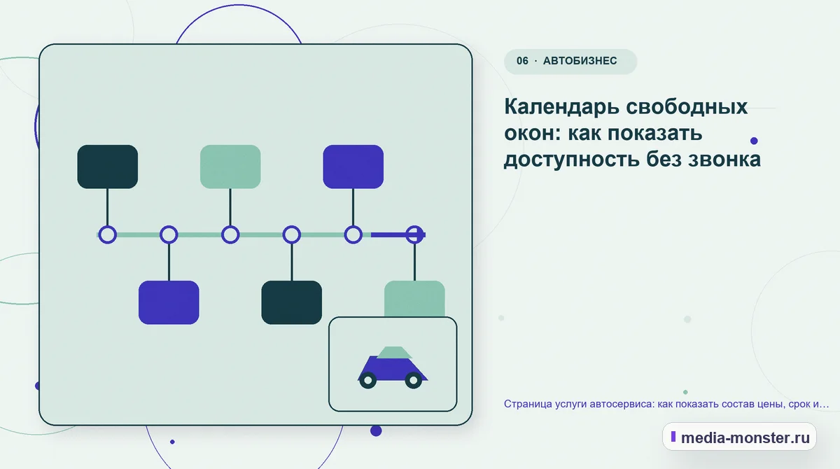 Изображение 6: Последовательность работы — Страница услуги автосервиса: как показать состав цены, срок и свободные окна записи | Media Monster Последовательность работы. Календарь свободных окон: как показать доступность без звонка: иллюстрация к статье «Страница услуги автосервиса: как показать состав цены, срок и свободные окна…