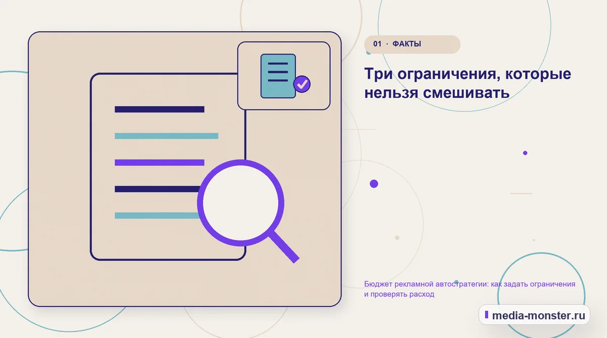 Изображение 1: Ключевая тема материала — Бюджет рекламной автостратегии: как задать ограничения и проверять расход | Media Monster Ключевая тема материала. Три ограничения, которые нельзя смешивать: иллюстрация к статье «Бюджет рекламной автостратегии: как задать ограничения и проверять расход»