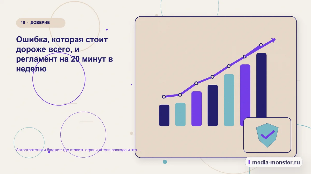 Изображение 10: Итог и следующий шаг — Автостратегия и бюджет: где ставить ограничители расхода и что делать при скачке цены заявки | Media Monster Итог и следующий шаг. Ошибка, которая стоит дороже всего, и регламент на 20 минут в неделю: иллюстрация к статье «Автостратегия и бюджет: где ставить ограничители расхода и что делать при…