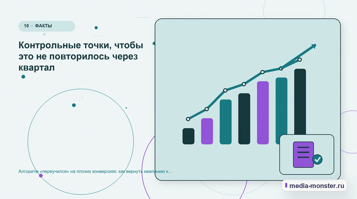 Итог и следующий шаг. Контрольные точки, чтобы это не повторилось через квартал: иллюстрация к статье «Алгоритм «переучился» на плохих конверсиях: как вернуть кампанию к нормальным заявкам»
