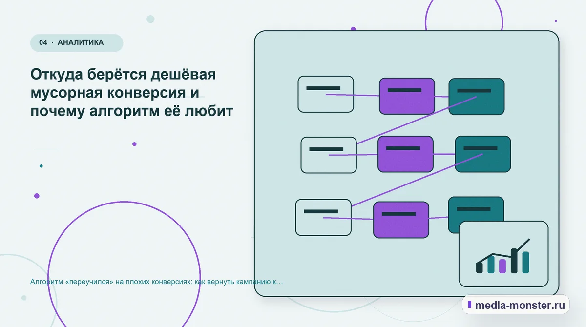 Изображение 4: Структура решения — Алгоритм «переучился» на плохих конверсиях: как вернуть кампанию к нормальным заявкам | Media Monster Структура решения. Откуда берётся дешёвая мусорная конверсия и почему алгоритм её любит: иллюстрация к статье «Алгоритм «переучился» на плохих конверсиях: как вернуть кампанию к нормальным…