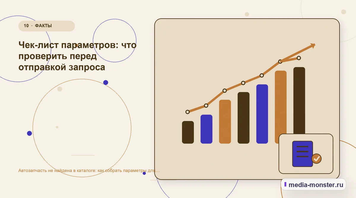 Изображение 10: Итог и следующий шаг — Автозапчасть не найдена в каталоге: как собрать параметры для точного подбора | Media Monster Итог и следующий шаг. Чек-лист параметров: что проверить перед отправкой запроса: иллюстрация к статье «Автозапчасть не найдена в каталоге: как собрать параметры для точного подбора»