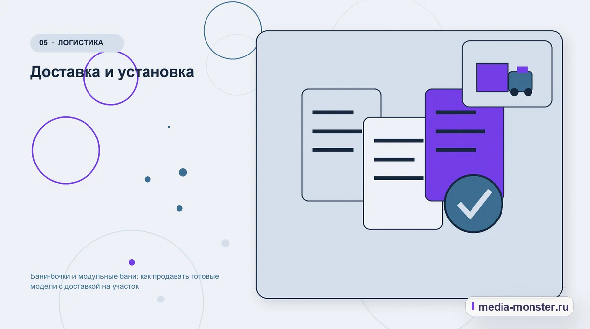 Данные и доказательства. Доставка и установка: иллюстрация к статье «Бани-бочки и модульные бани: как продавать готовые модели с доставкой на участок»
