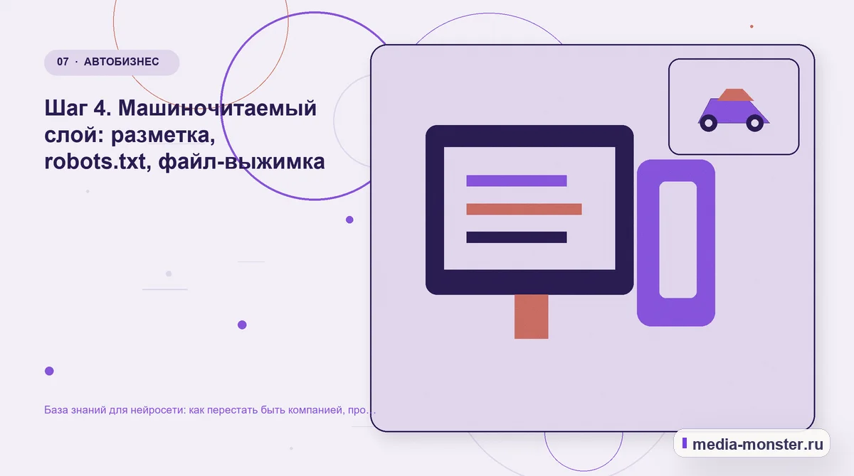 Каналы и точки контакта. Шаг 4. Машиночитаемый слой: разметка, robots.txt, файл-выжимка: иллюстрация к статье «База знаний для нейросети: как перестать быть компанией, про которую всё…
