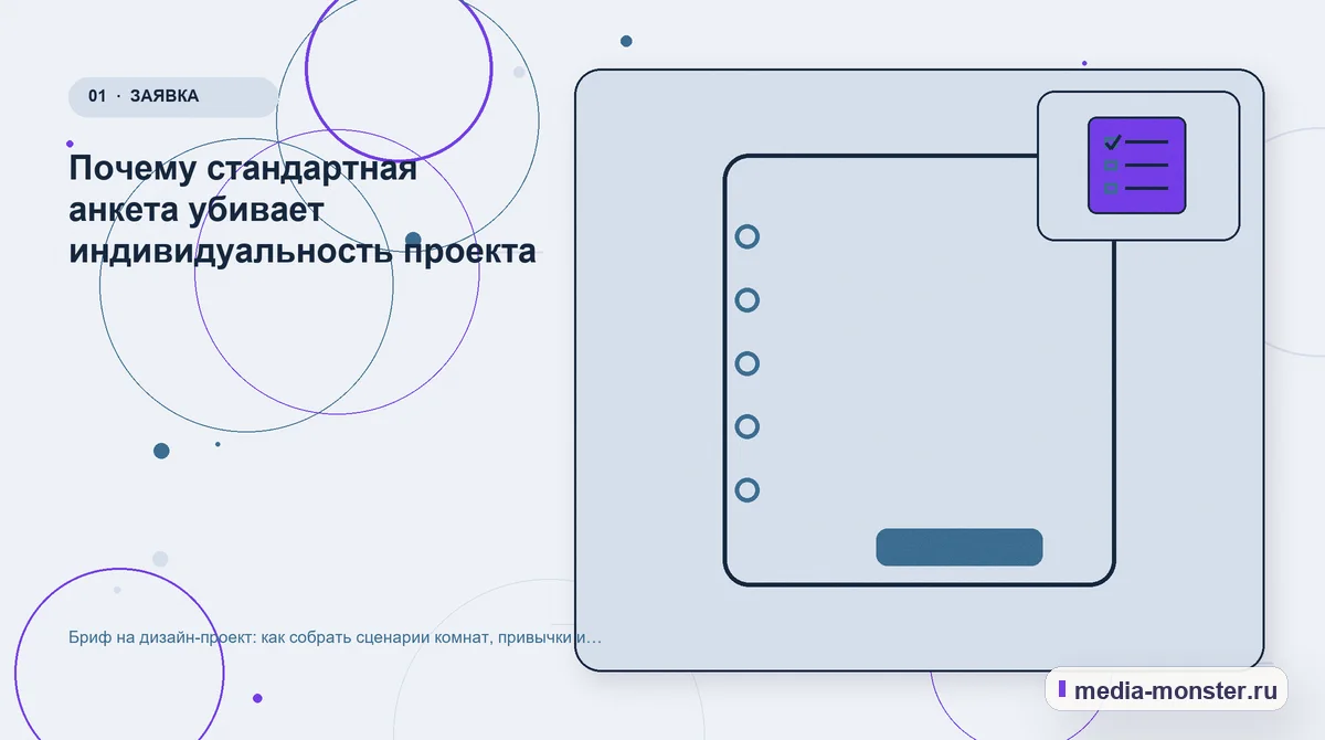Изображение 1: Ключевая тема материала — Бриф на дизайн-проект: как собрать сценарии комнат, привычки и требования к хранению | Media Monster Ключевая тема материала. Почему стандартная анкета убивает индивидуальность проекта: иллюстрация к статье «Бриф на дизайн-проект: как собрать сценарии комнат, привычки и требования к…