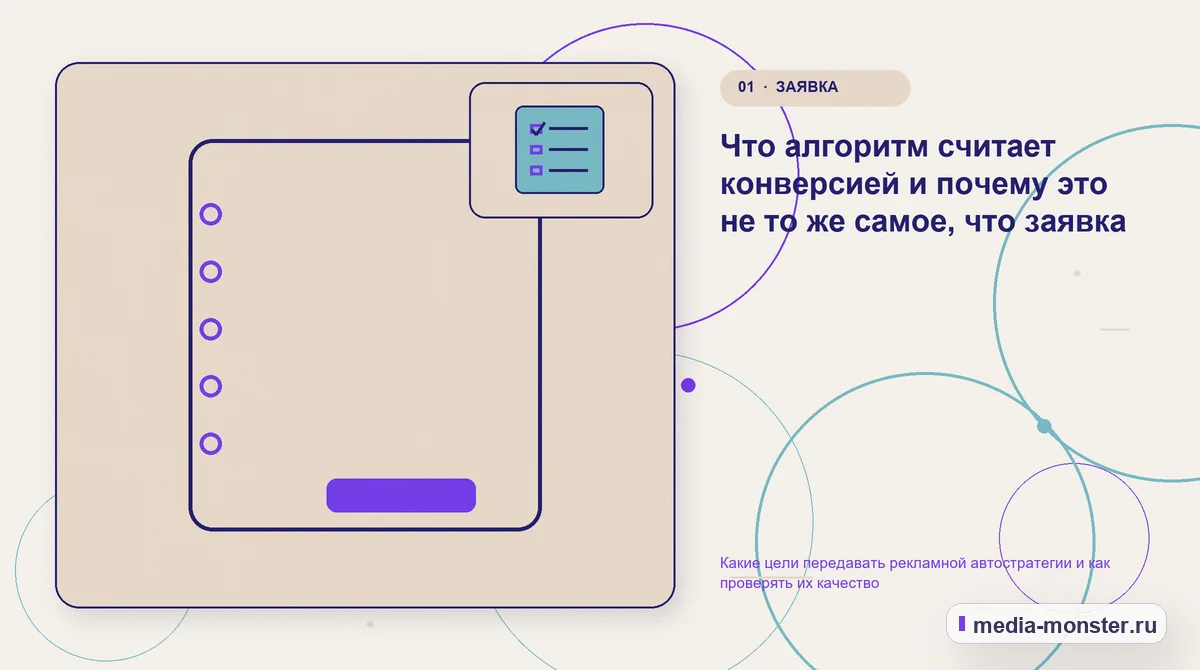 Изображение 1: Ключевая тема материала — Какие цели передавать рекламной автостратегии и как проверять их качество | Media Monster Ключевая тема материала. Что алгоритм считает конверсией и почему это не то же самое, что заявка: иллюстрация к статье «Какие цели передавать рекламной автостратегии и как проверять их…