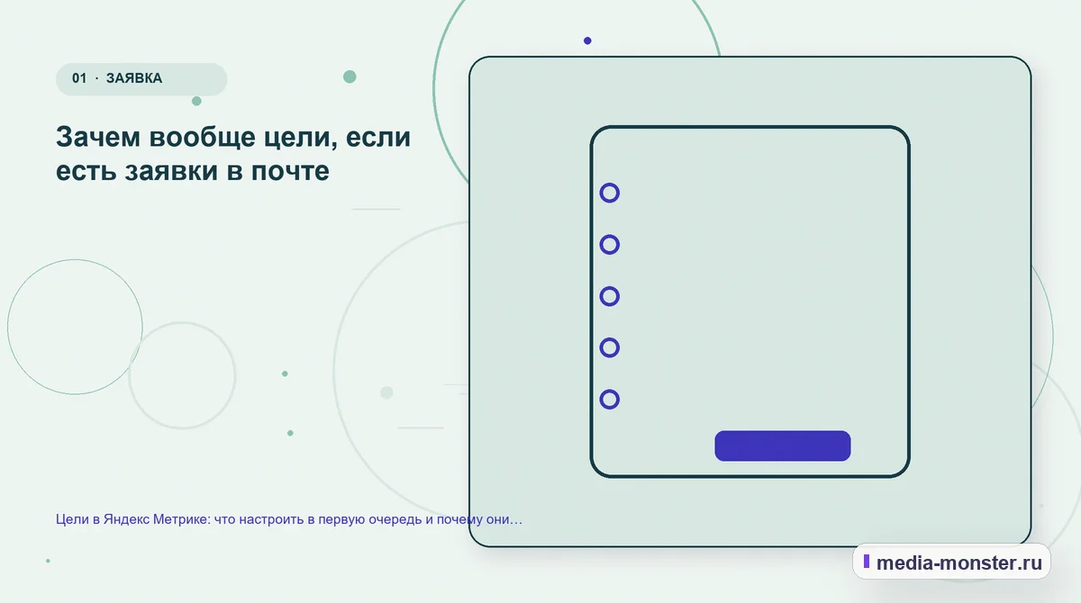 Изображение 1: Ключевая тема материала — Цели в Яндекс Метрике: что настроить в первую очередь и почему они перестают работать | Media Monster Ключевая тема материала. Зачем вообще цели, если есть заявки в почте: иллюстрация к статье «Цели в Яндекс Метрике: что настроить в первую очередь и почему они перестают работать»