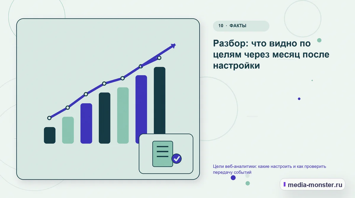 Изображение 10: Итог и следующий шаг — Цели веб-аналитики: какие настроить и как проверить передачу событий | Media Monster Итог и следующий шаг. Разбор: что видно по целям через месяц после настройки: иллюстрация к статье «Цели веб-аналитики: какие настроить и как проверить передачу событий»