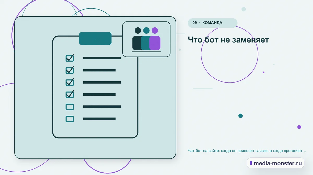 Контрольные показатели. Что бот не заменяет: иллюстрация к статье «Чат-бот на сайте: когда он приносит заявки, а когда прогоняет клиентов»