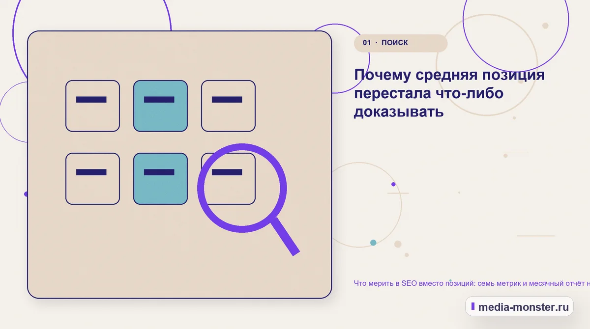 Изображение 1: Ключевая тема материала — Что мерить в SEO вместо позиций: семь метрик и месячный отчёт на одну страницу | Media Monster Ключевая тема материала. Почему средняя позиция перестала что-либо доказывать: иллюстрация к статье «Что мерить в SEO вместо позиций: семь метрик и месячный отчёт на одну страницу»