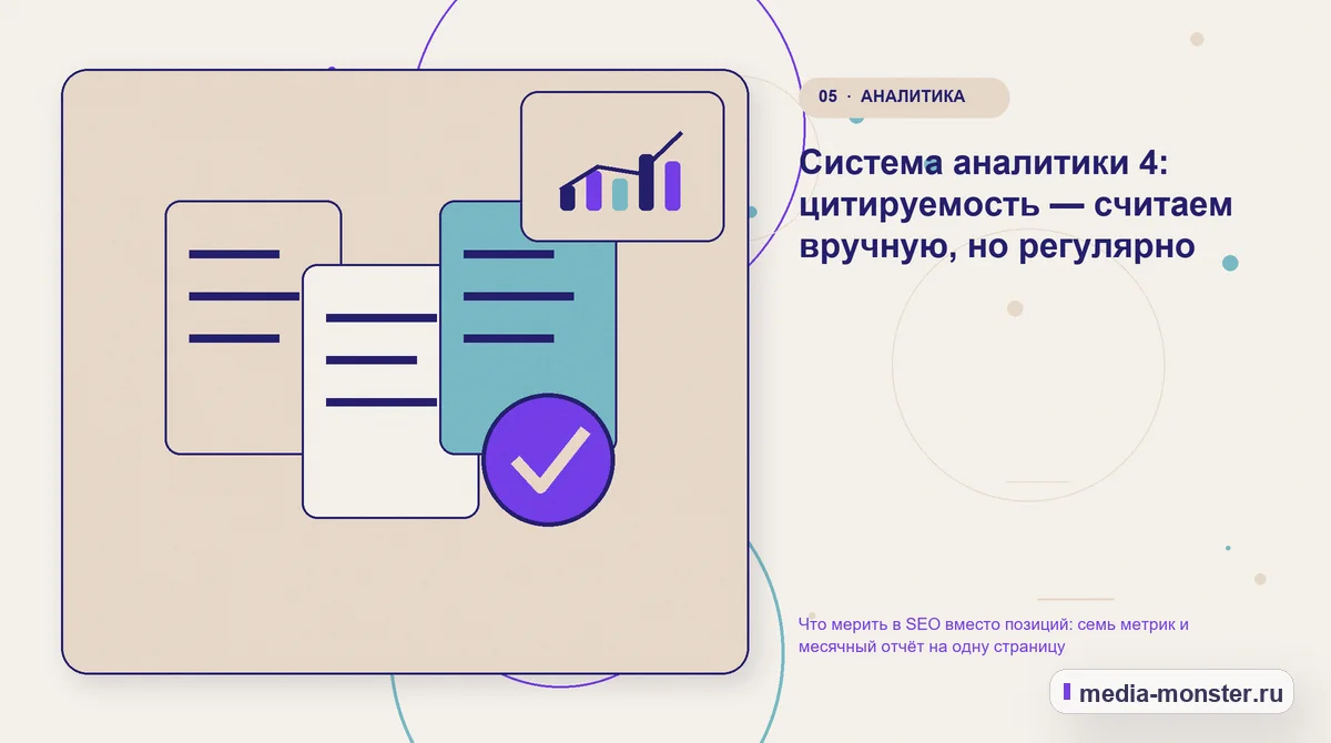 Изображение 5: Данные и доказательства — Что мерить в SEO вместо позиций: семь метрик и месячный отчёт на одну страницу | Media Monster Данные и доказательства. Система аналитики 4: цитируемость — считаем вручную, но регулярно: иллюстрация к статье «Что мерить в SEO вместо позиций: семь метрик и месячный отчёт на одну…