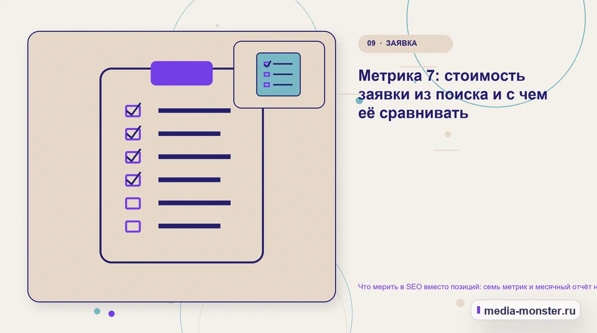 Контрольные показатели. Метрика 7: стоимость заявки из поиска и с чем её сравнивать: иллюстрация к статье «Что мерить в SEO вместо позиций: семь метрик и месячный отчёт на одну страницу»