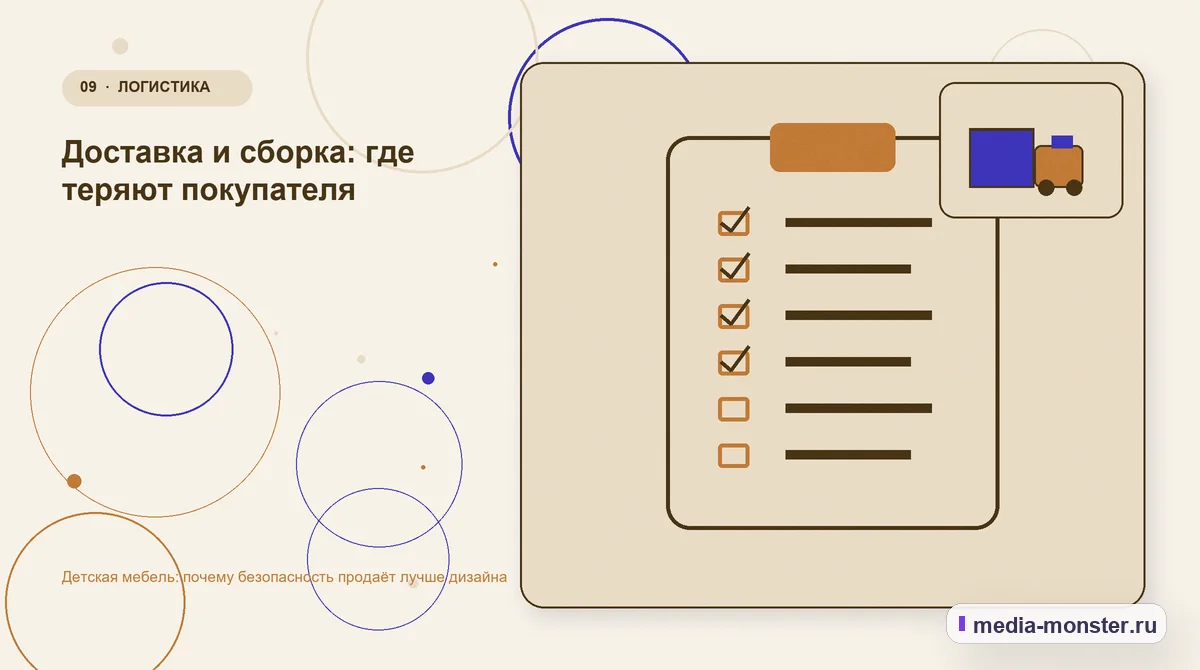 Изображение 9: Контрольные показатели — Детская мебель: почему безопасность продаёт лучше дизайна | Media Monster Контрольные показатели. Доставка и сборка: где теряют покупателя: иллюстрация к статье «Детская мебель: почему безопасность продаёт лучше дизайна»