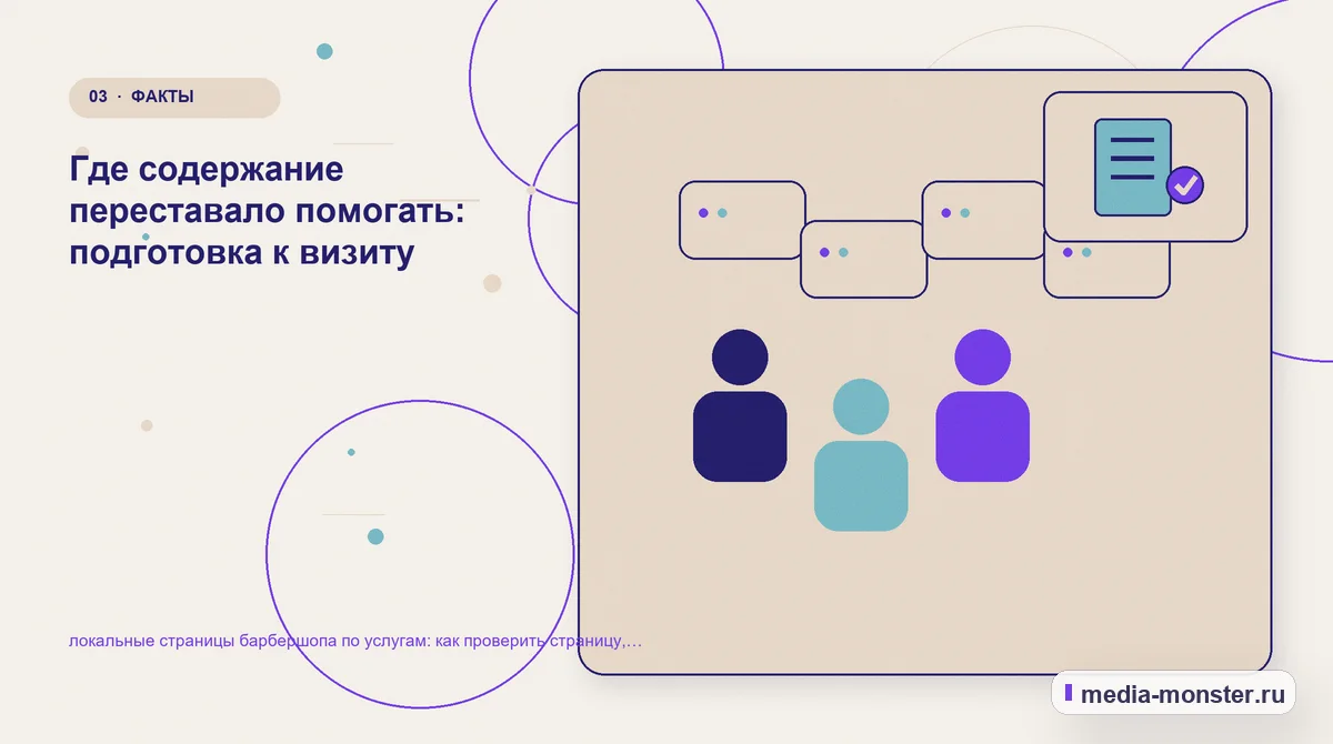 Аудитория и сценарий выбора. Где содержание переставало помогать: подготовка к визиту: иллюстрация к статье «локальные страницы барбершопа по услугам: как проверить страницу, контент и…