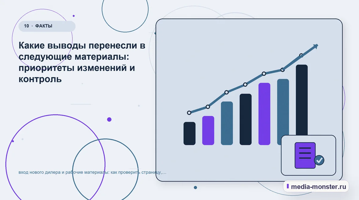 Изображение 10: Итог и следующий шаг — вход нового дилера и рабочие материалы: как проверить страницу, контент и маршрут обращения | Media Monster Итог и следующий шаг. Какие выводы перенесли в следующие материалы: приоритеты изменений и контроль: иллюстрация к статье «вход нового дилера и рабочие материалы: как проверить страницу,…