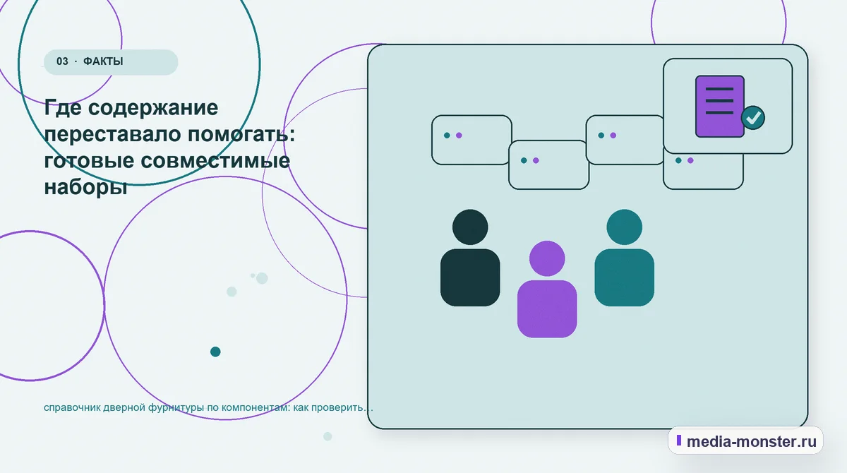 Аудитория и сценарий выбора. Где содержание переставало помогать: готовые совместимые наборы: иллюстрация к статье «справочник дверной фурнитуры по компонентам: как проверить страницу,…