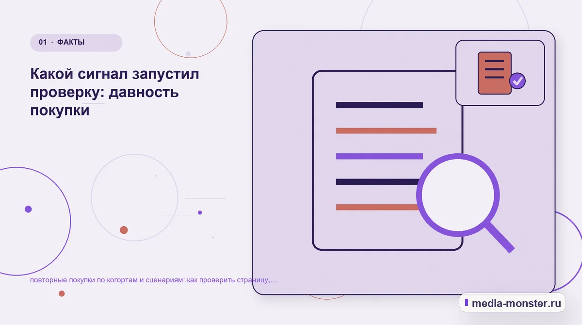 Ключевая тема материала. Какой сигнал запустил проверку: давность покупки: иллюстрация к статье «повторные покупки по когортам и сценариям: как проверить страницу, контент и маршрут…
