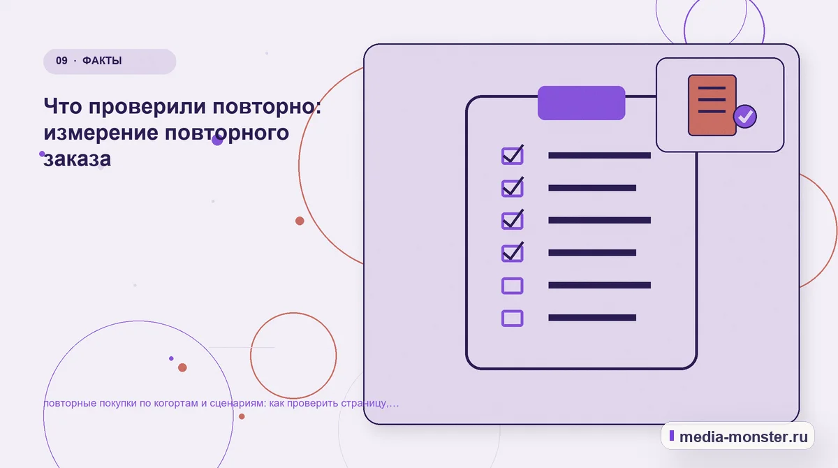 Изображение 9: Контрольные показатели — Повторные покупки по когортам и сценариям: чек-лист проверки страницы, выбора и пути до обращения | Media Monster Контрольные показатели. Пять вопросов перед первой правкой: иллюстрация к статье «Повторные покупки по когортам и сценариям: чек-лист проверки страницы, выбора и пути до обращения»