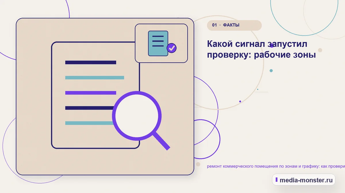 Ключевая тема материала. Какой сигнал запустил проверку: рабочие зоны: иллюстрация к статье «ремонт коммерческого помещения по зонам и графику: как проверить страницу, контент и маршрут…