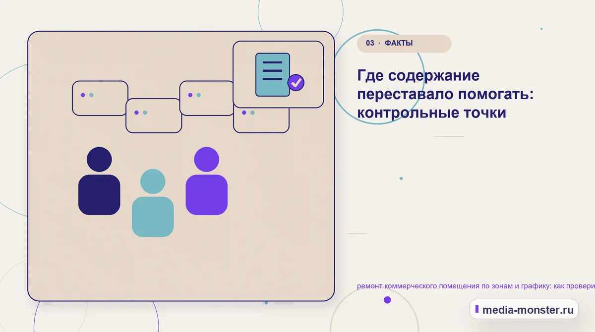 Аудитория и сценарий выбора. Где содержание переставало помогать: контрольные точки: иллюстрация к статье «ремонт коммерческого помещения по зонам и графику: как проверить страницу,…