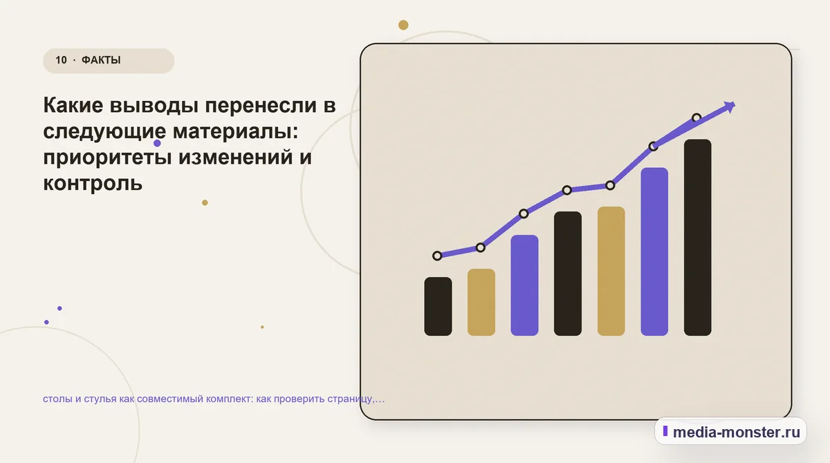 Изображение 10: Итог и следующий шаг — столы и стулья как совместимый комплект: как проверить страницу, контент и маршрут обращения | Media Monster Итог и следующий шаг. Какие выводы перенесли в следующие материалы: приоритеты изменений и контроль: иллюстрация к статье «столы и стулья как совместимый комплект: как проверить страницу,…