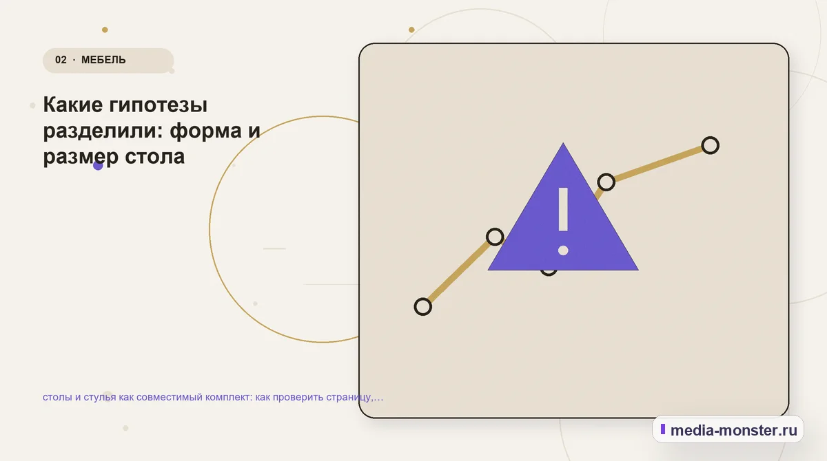 Изображение 2: Проблема и точка потери — столы и стулья как совместимый комплект: как проверить страницу, контент и маршрут обращения | Media Monster Проблема и точка потери. Какие гипотезы разделили: форма и размер стола: иллюстрация к статье «столы и стулья как совместимый комплект: как проверить страницу, контент и маршрут обращения»
