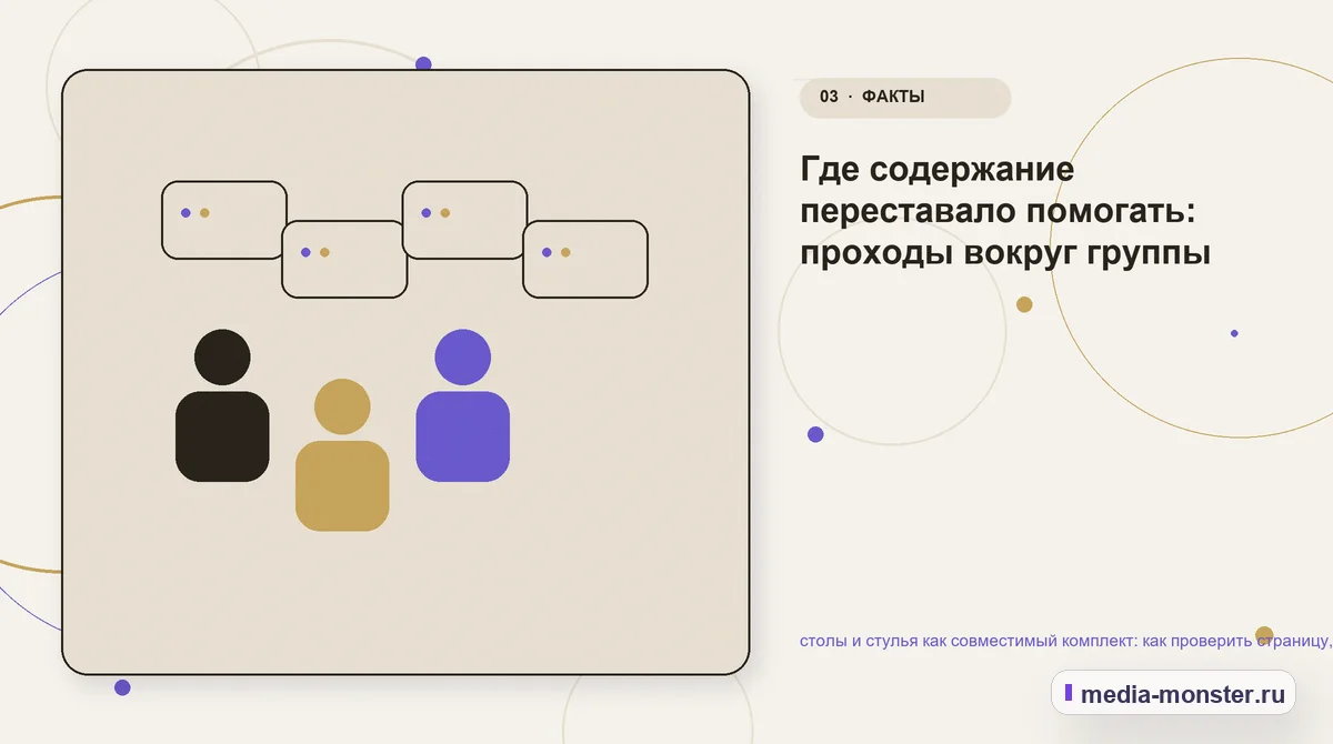 Изображение 3: Аудитория и сценарий выбора — столы и стулья как совместимый комплект: как проверить страницу, контент и маршрут обращения | Media Monster Аудитория и сценарий выбора. Где содержание переставало помогать: проходы вокруг группы: иллюстрация к статье «столы и стулья как совместимый комплект: как проверить страницу, контент и…