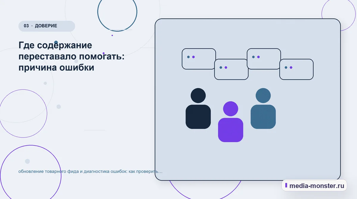 Аудитория и сценарий выбора. Где содержание переставало помогать: причина ошибки: иллюстрация к статье «обновление товарного фида и диагностика ошибок: как проверить страницу, контент и…
