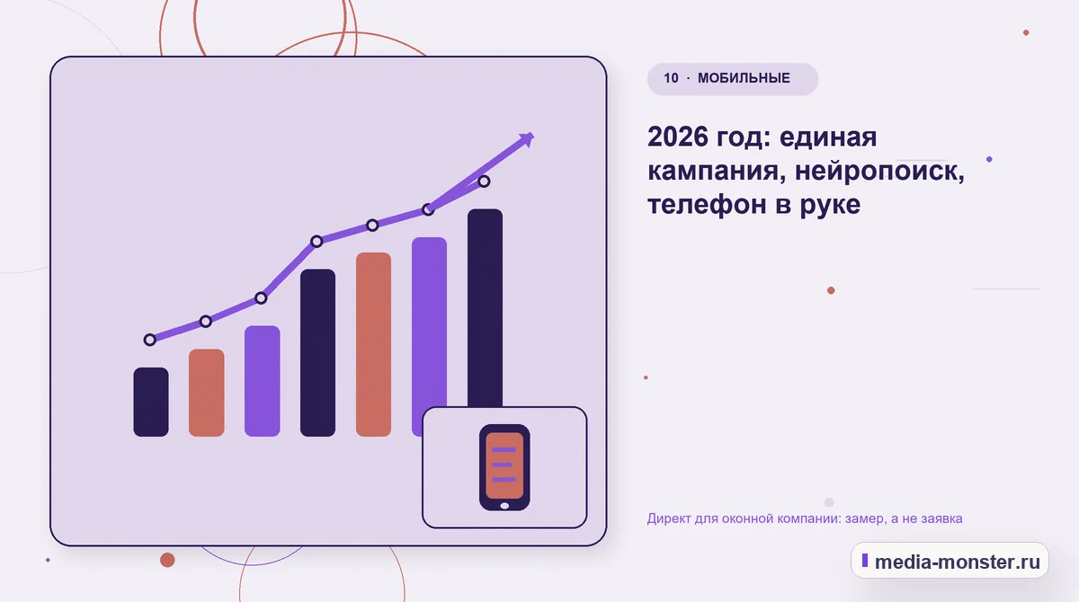 Изображение 10: Итог и следующий шаг — Директ для оконной компании: замер, а не заявка | Media Monster Итог и следующий шаг. 2026 год: единая кампания, нейропоиск, телефон в руке: иллюстрация к статье «Директ для оконной компании: замер, а не заявка»