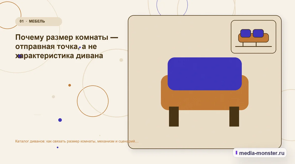 Изображение 1: Ключевая тема материала — Каталог диванов: как связать размер комнаты, механизм и сценарий использования | Media Monster Ключевая тема материала. Почему размер комнаты — отправная точка, а не характеристика дивана: иллюстрация к статье «Каталог диванов: как связать размер комнаты, механизм и сценарий…