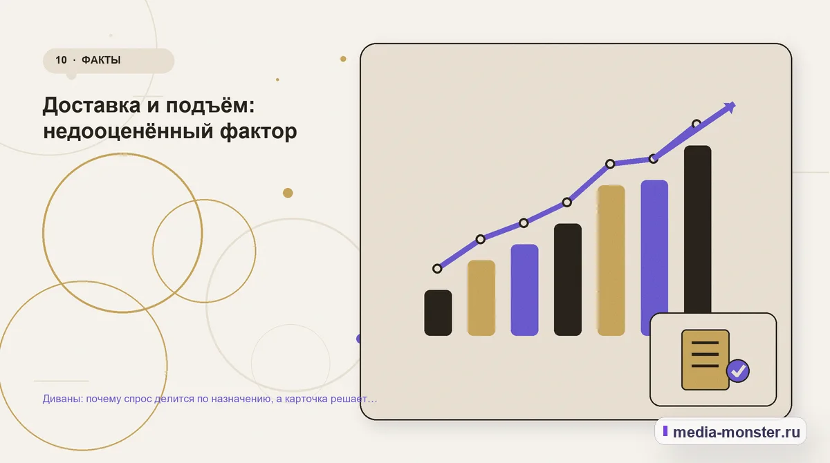 Итог и следующий шаг. Доставка и подъём: недооценённый фактор: иллюстрация к статье «Диваны: почему спрос делится по назначению, а карточка решает больше каталога»