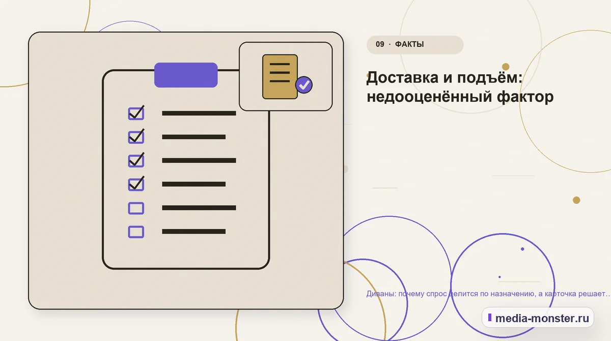 Изображение 9: Контрольные показатели — Диваны: почему спрос делится по назначению, а карточка решает больше каталога | Media Monster Контрольные показатели. Доставка и подъём: недооценённый фактор: иллюстрация к статье «Диваны: почему спрос делится по назначению, а карточка решает больше каталога»
