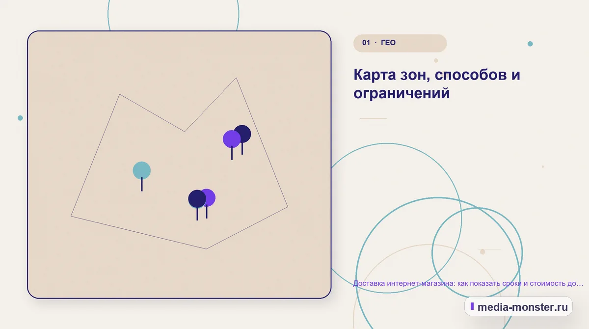 Изображение 1: Ключевая тема материала — Доставка интернет-магазина: как показать сроки и стоимость до оформления заказа | Media Monster Ключевая тема материала. Карта зон, способов и ограничений: иллюстрация к статье «Доставка интернет-магазина: как показать сроки и стоимость до оформления заказа»