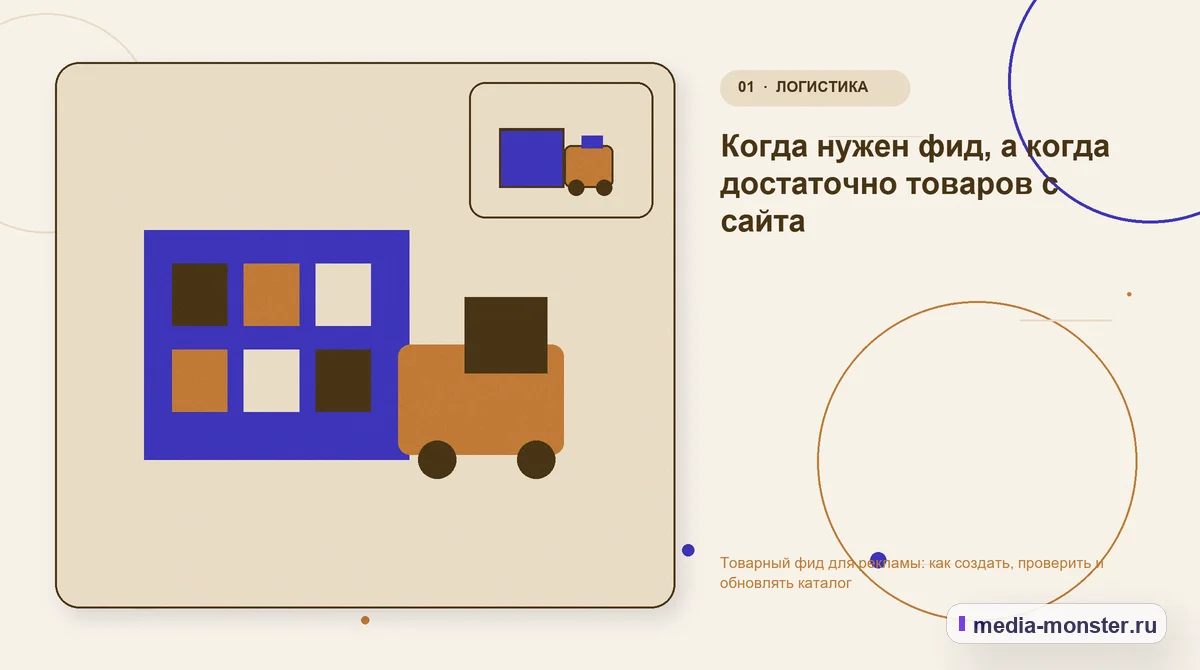 Изображение 1: Ключевая тема материала — Товарный фид для рекламы: как создать, проверить и обновлять каталог | Media Monster Ключевая тема материала. Когда нужен фид, а когда достаточно товаров с сайта: иллюстрация к статье «Товарный фид для рекламы: как создать, проверить и обновлять каталог»