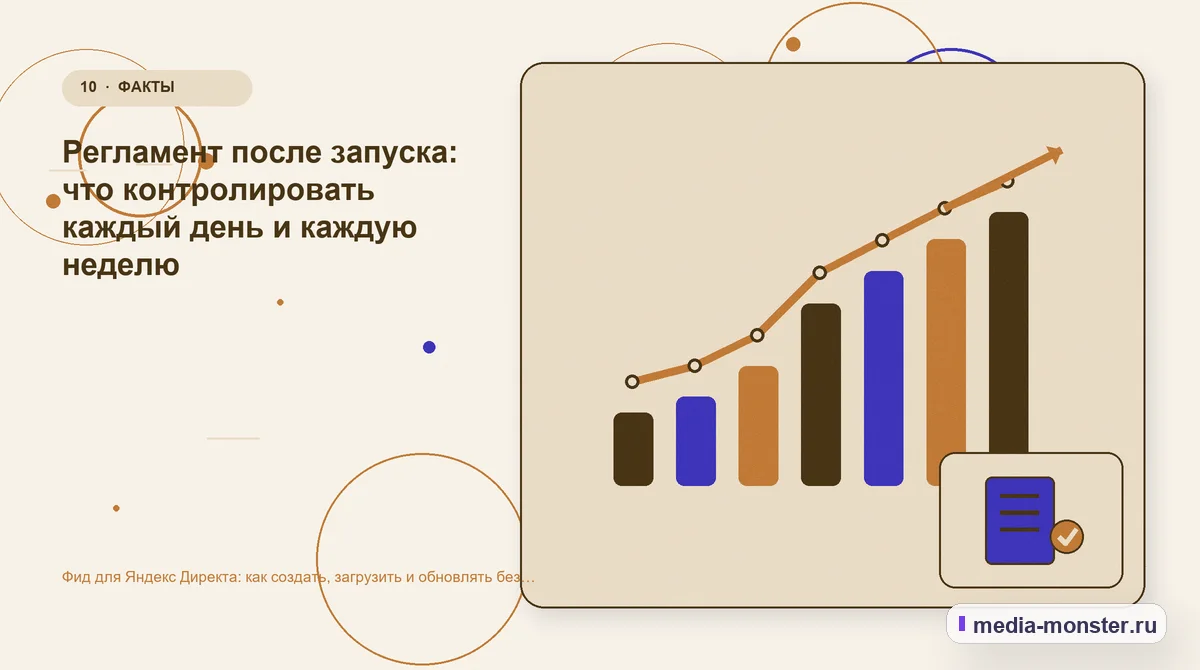 Изображение 10: Итог и следующий шаг — Фид для Яндекс Директа: как создать, загрузить и обновлять без ручных ошибок | Media Monster Итог и следующий шаг. Регламент после запуска: что контролировать каждый день и каждую неделю: иллюстрация к статье «Фид для Яндекс Директа: как создать, загрузить и обновлять без ручных…