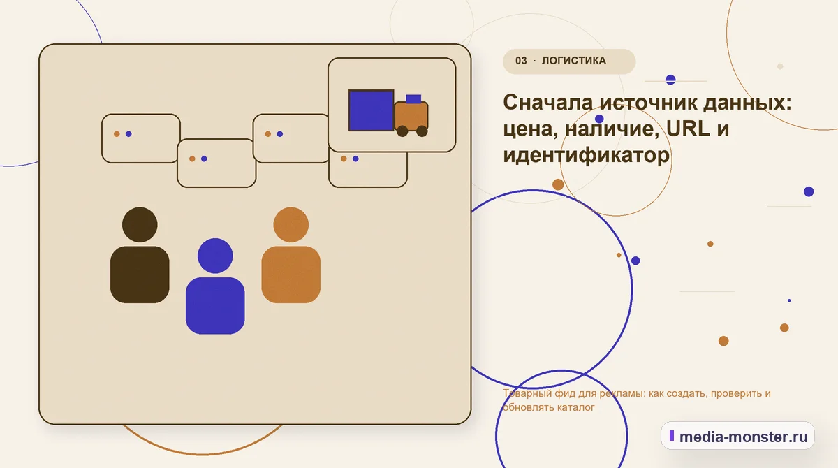 Изображение 3: Аудитория и сценарий выбора — Товарный фид для рекламы: как создать, проверить и обновлять каталог | Media Monster Аудитория и сценарий выбора. Сначала источник данных: цена, наличие, URL и идентификатор: иллюстрация к статье «Товарный фид для рекламы: как создать, проверить и обновлять каталог»