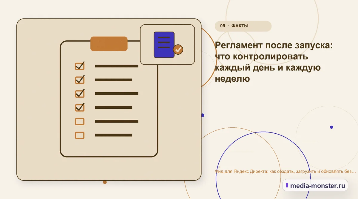 Контрольные показатели. Регламент после запуска: что контролировать каждый день и каждую неделю: иллюстрация к статье «Фид для Яндекс Директа: как создать, загрузить и обновлять без ручных…