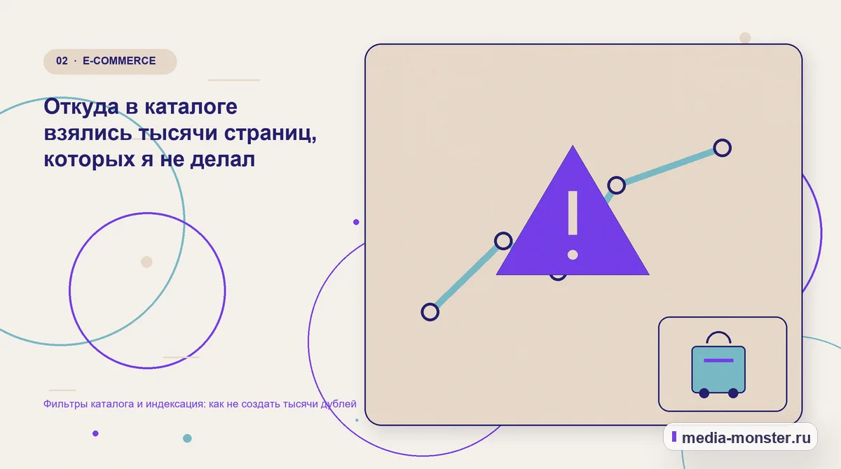 Изображение 2: Проблема и точка потери — Фильтры каталога и индексация: как не создать тысячи дублей | Media Monster Проблема и точка потери. Откуда в каталоге взялись тысячи страниц, которых я не делал: иллюстрация к статье «Фильтры каталога и индексация: как не создать тысячи дублей»