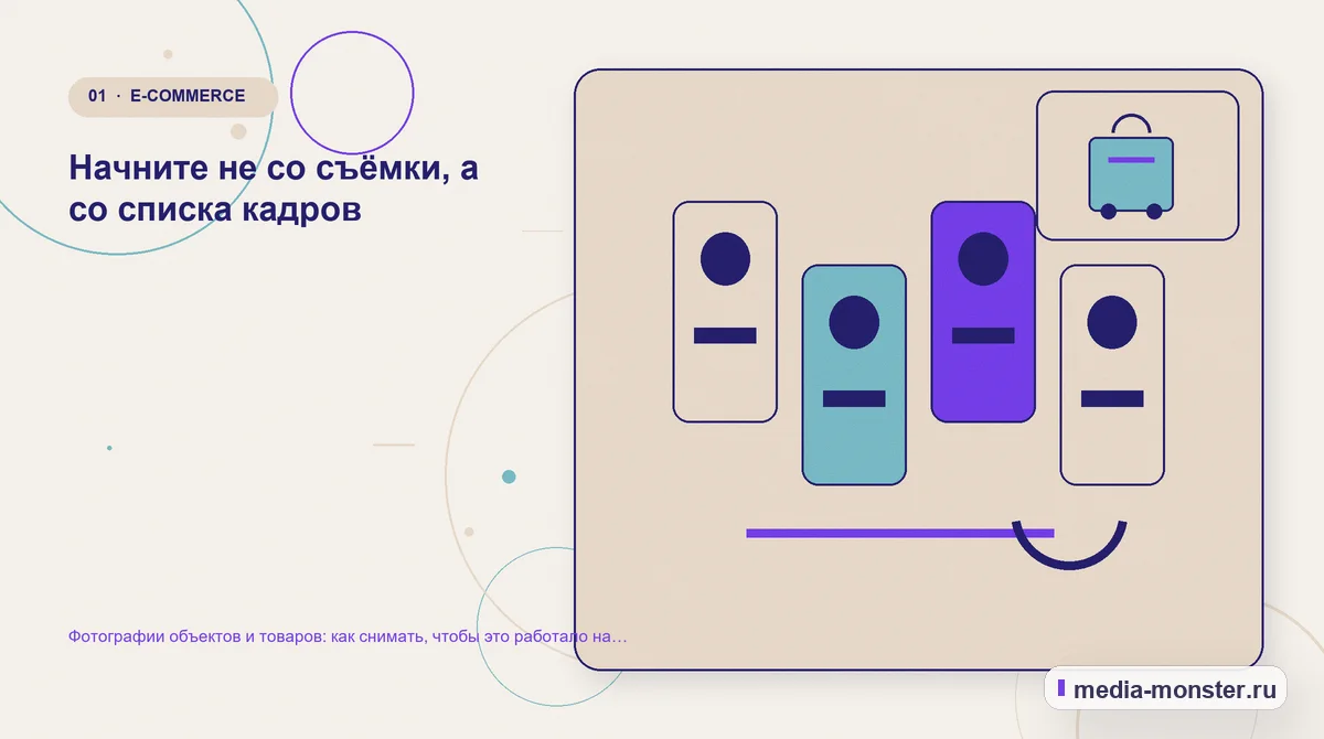 Изображение 1: Ключевая тема материала — Фотографии объектов и товаров: как снимать, чтобы это работало на продажи и на поиск | Media Monster Ключевая тема материала. Начните не со съёмки, а со списка кадров: иллюстрация к статье «Фотографии объектов и товаров: как снимать, чтобы это работало на продажи и на поиск»