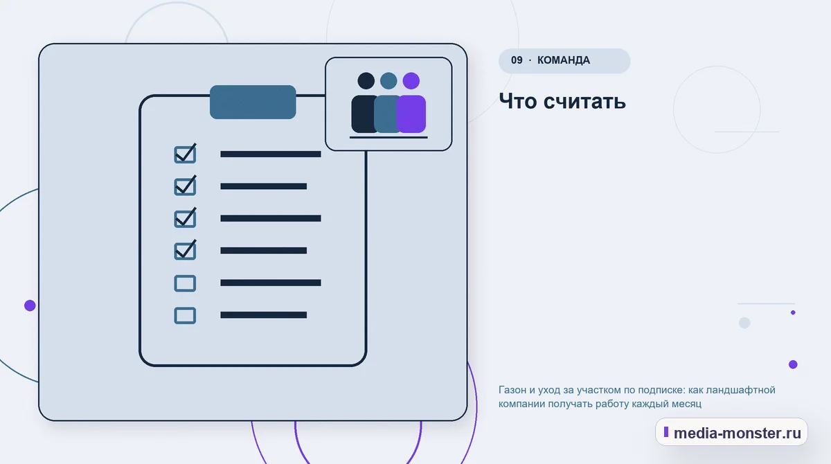 Изображение 9: Контрольные показатели — Газон и уход за участком по подписке: как ландшафтной компании получать работу каждый месяц | Media Monster Контрольные показатели. Что считать: иллюстрация к статье «Газон и уход за участком по подписке: как ландшафтной компании получать работу каждый месяц»