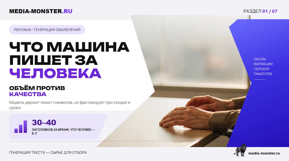 Изображение 1: Что машина пишет за человека — иллюстрация к статье «Генерация объявлений нейросетью: что можно доверить машине, а что переписывать руками» | Media Monster Что машина пишет за человека — иллюстрация к статье «Генерация объявлений нейросетью: что можно доверить машине, а что переписывать руками»